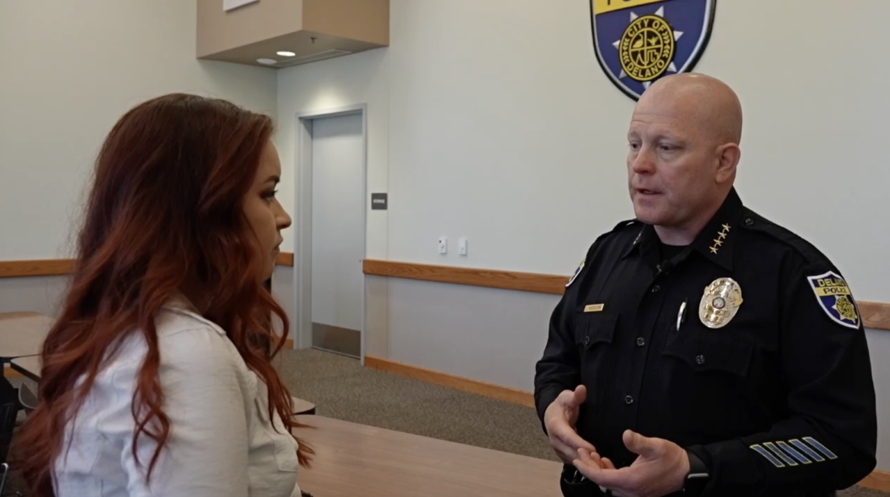 Delano Neighborhood Reporter Ruby Rivera interviewing Delano Police Chief Jerry Nicholson about the fake social media posts