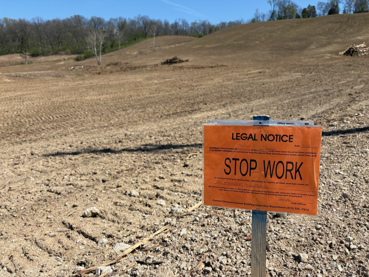 Clermont County officials posted a stop-work order on property owned by Doug Evans on April 8, 2026.