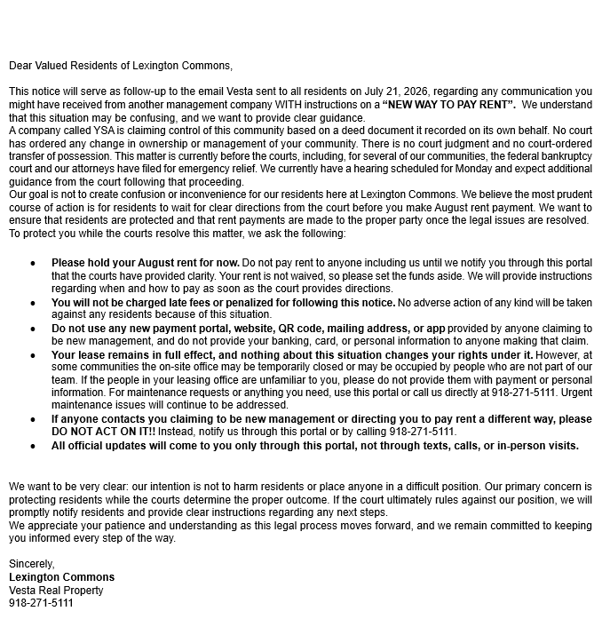 Email to Vesta Residents