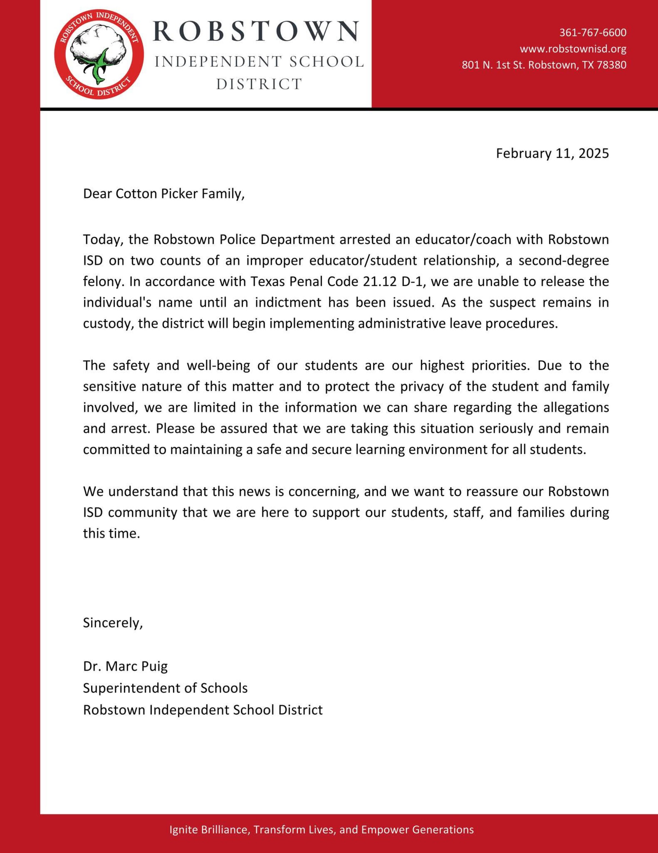 Robstown ISD coach accused of having improper relationship with a student