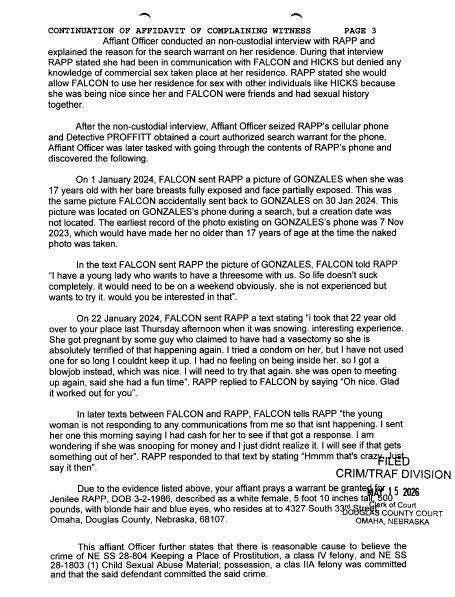 KMTV has redacted parts of this document to protect underage people or those who have not been identified by police of suspected wrongdoing.