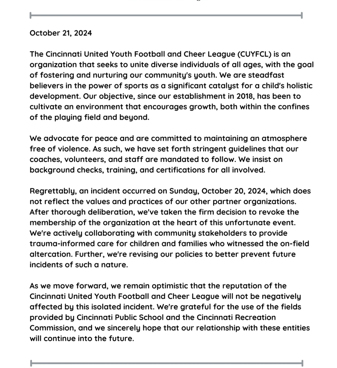 Statement from The Cincinnati United Youth Football & Cheer League