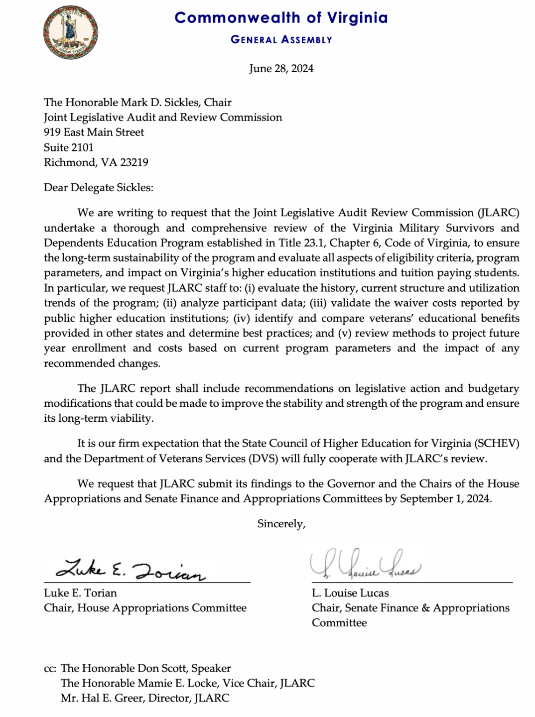 Letter requesting JLARC VMSDEP study