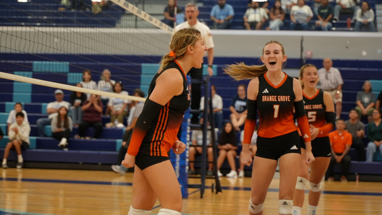 Orange Grove sophomore Maison Migura celebrates win over Carroll volleyball