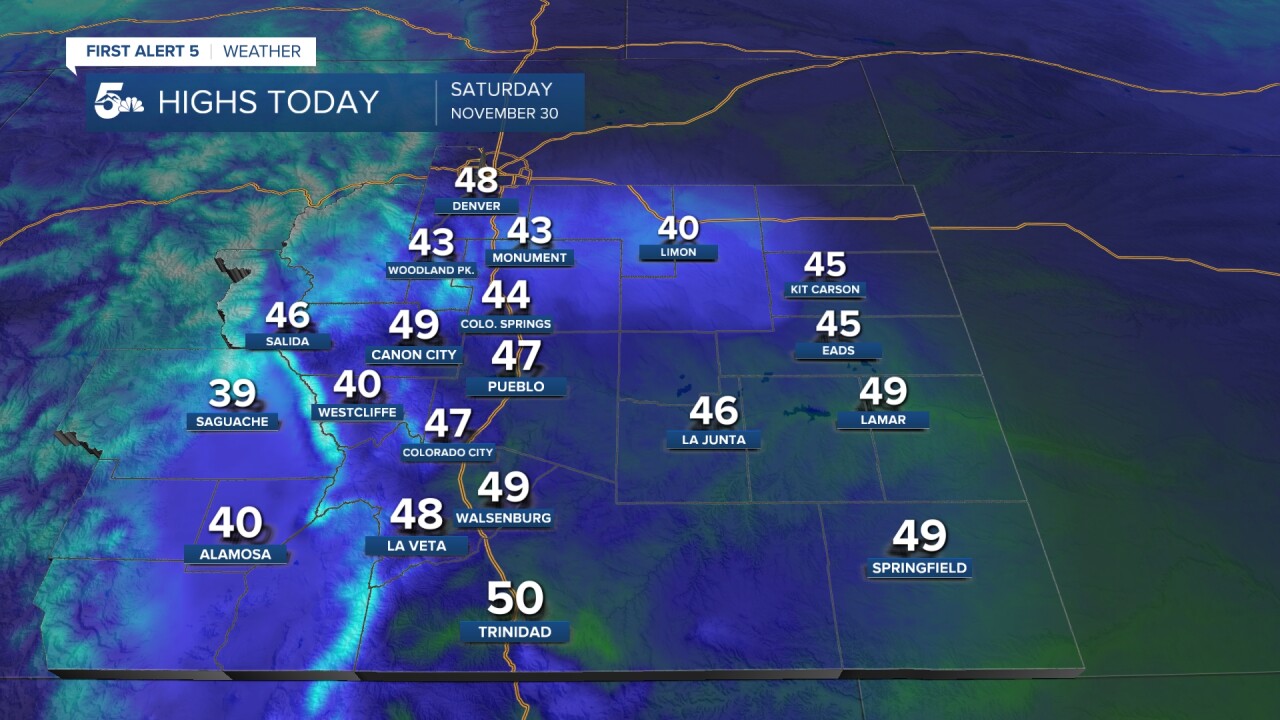 Highs in southern Colorado on Saturday November 30th