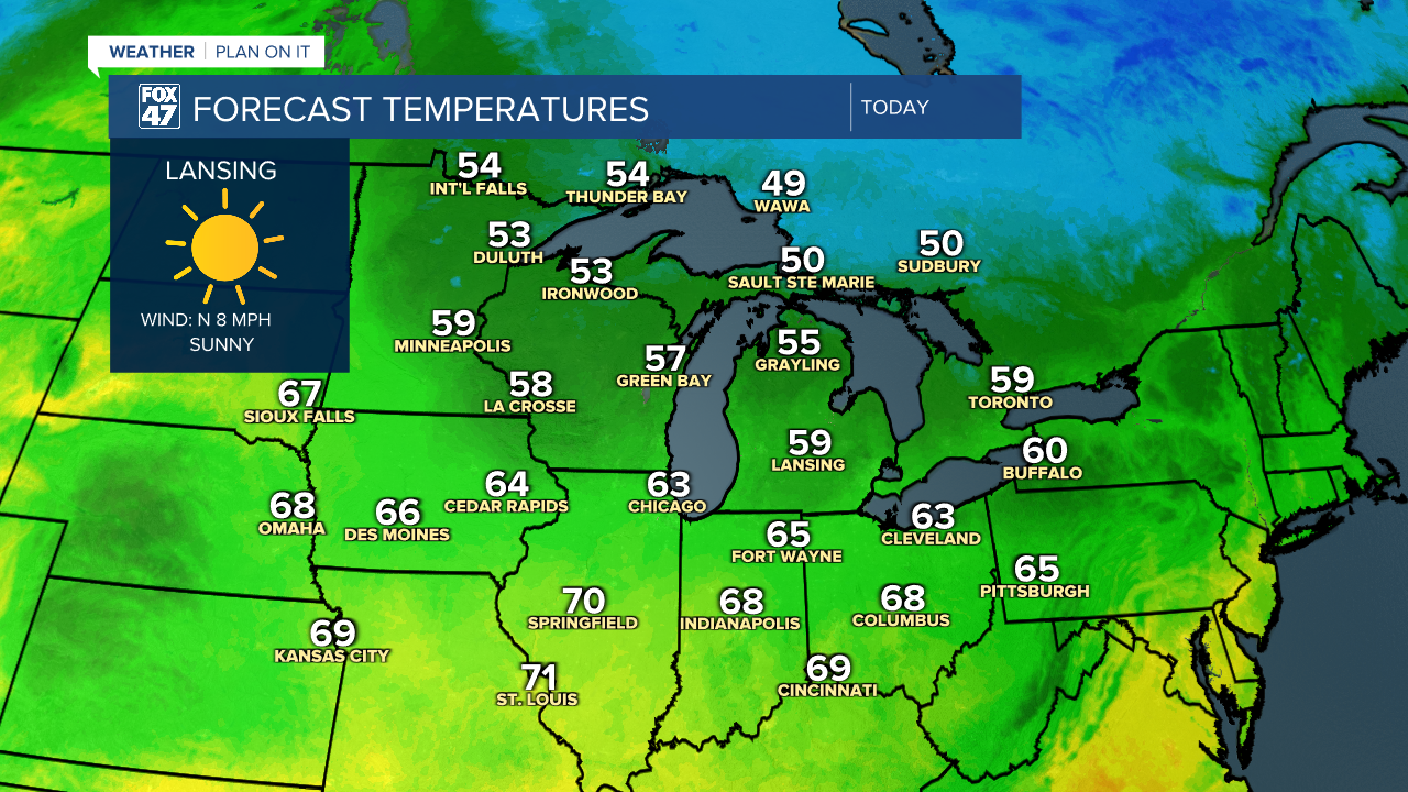 High temps struggle to reach the 60's today, feeling a lot more like fall across the region