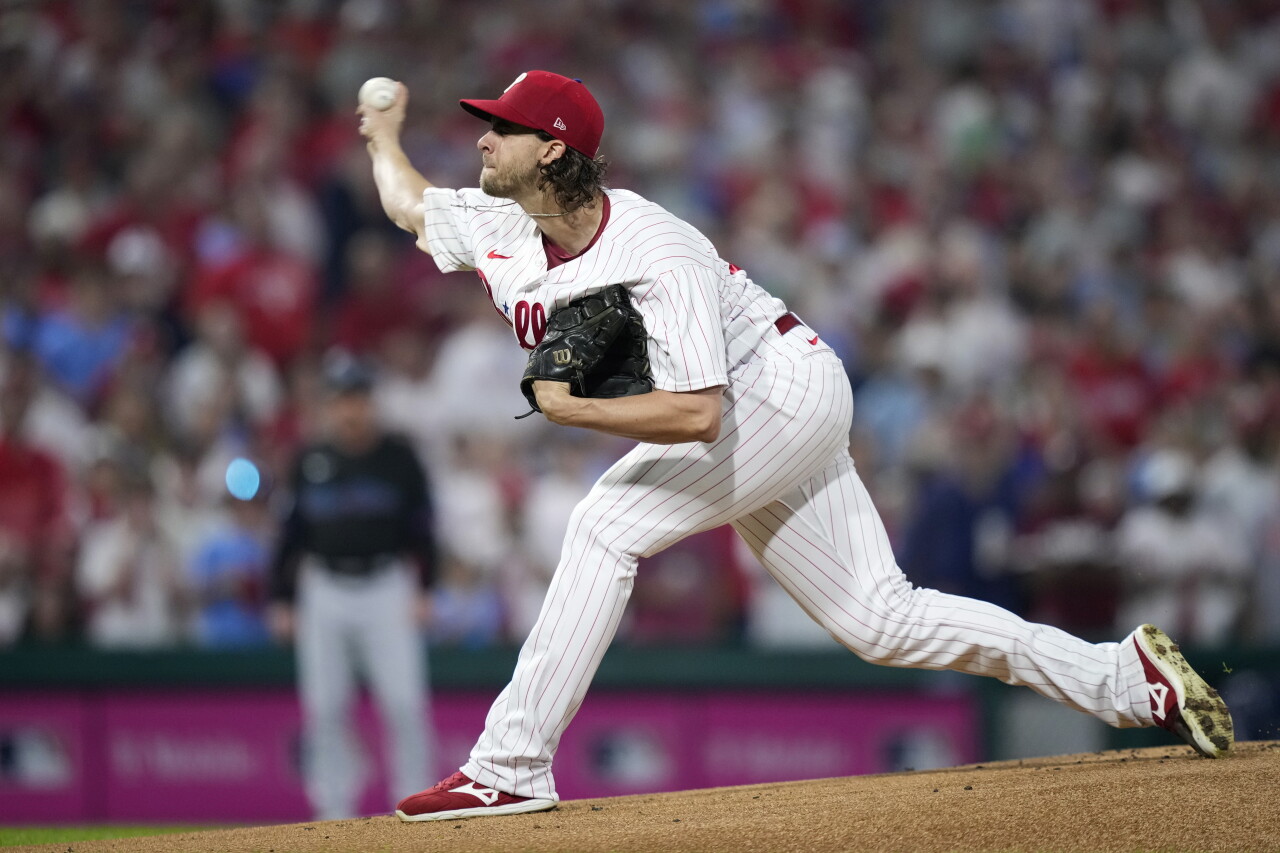 Philadelphia Phillies pitcher Aaron Nola pitches during first inning in Game 2 of NL wild-card playoff series vs. Miami Marlins, Oct. 4, 2023