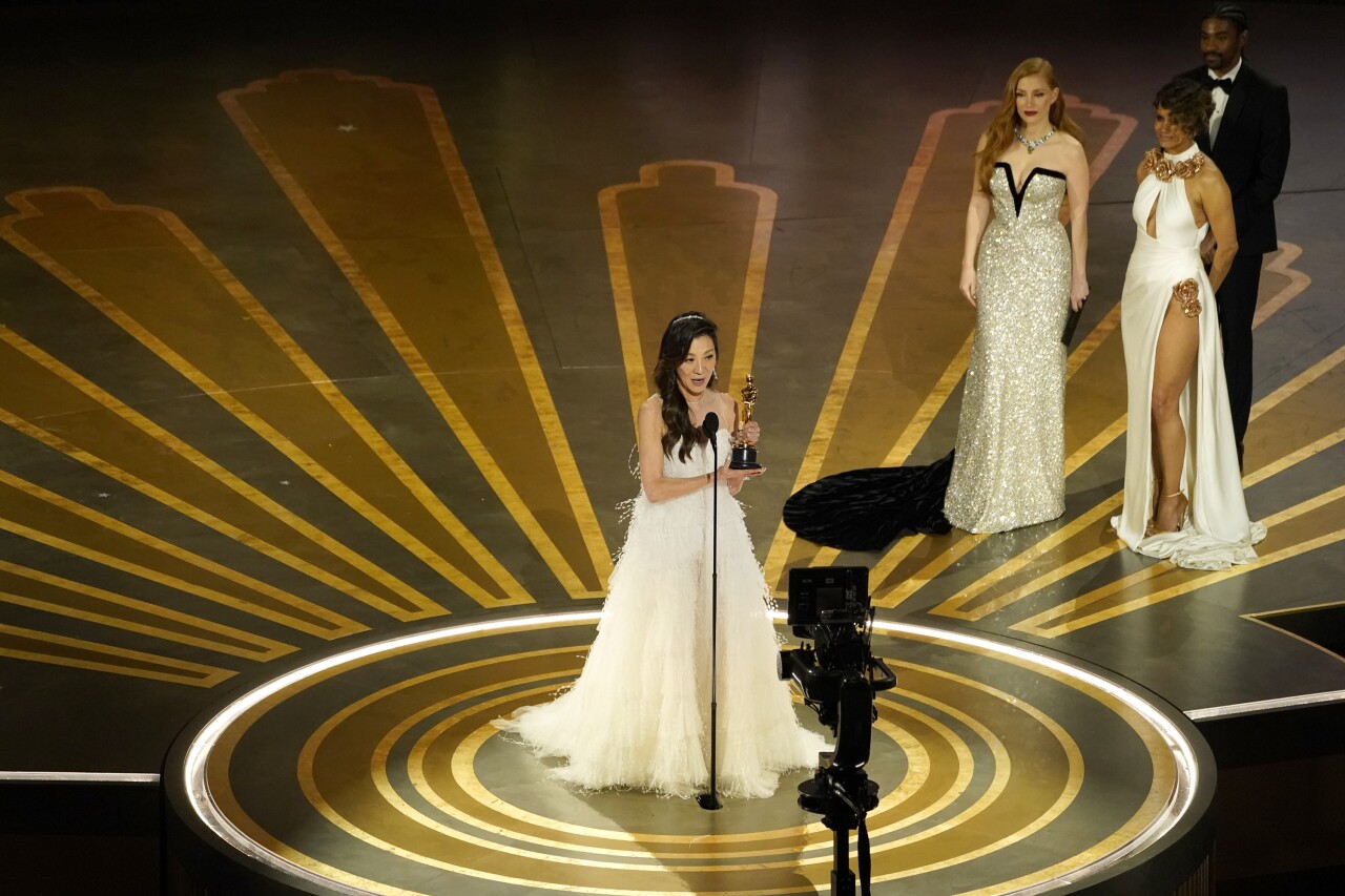 Michelle Yeoh holds award for best actress for 'Everything Everywhere All at Once' at Oscars, March 12, 2023
