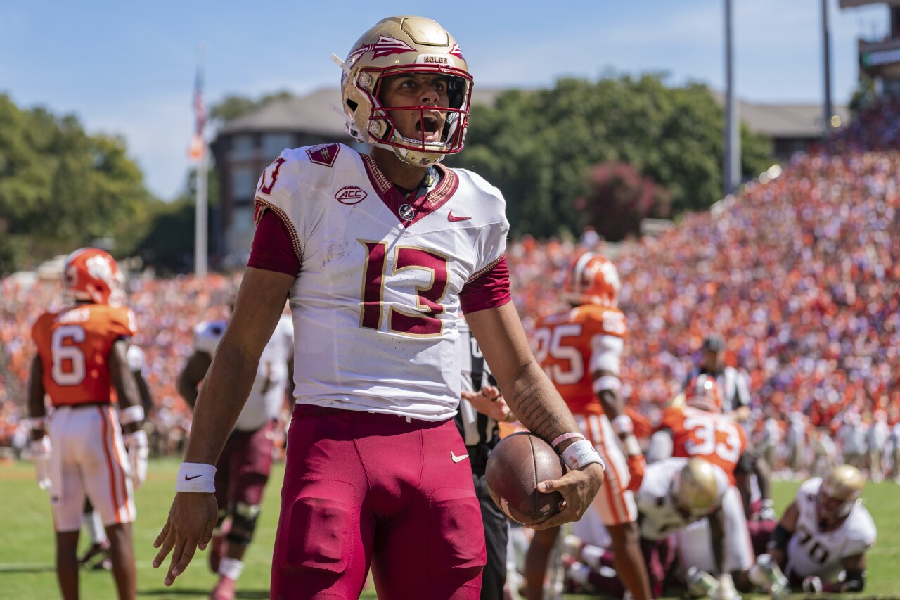 Florida State Seminoles QB Jordan Travis celebrates TD in second quarter at Clemson Tigers, Sept. 23, 2023
