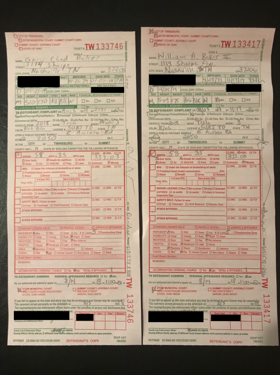 Twins' traffic ticket