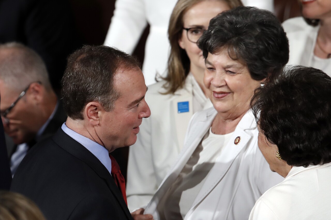 Lois Frankel speaks to Adam Schiff in February 2020