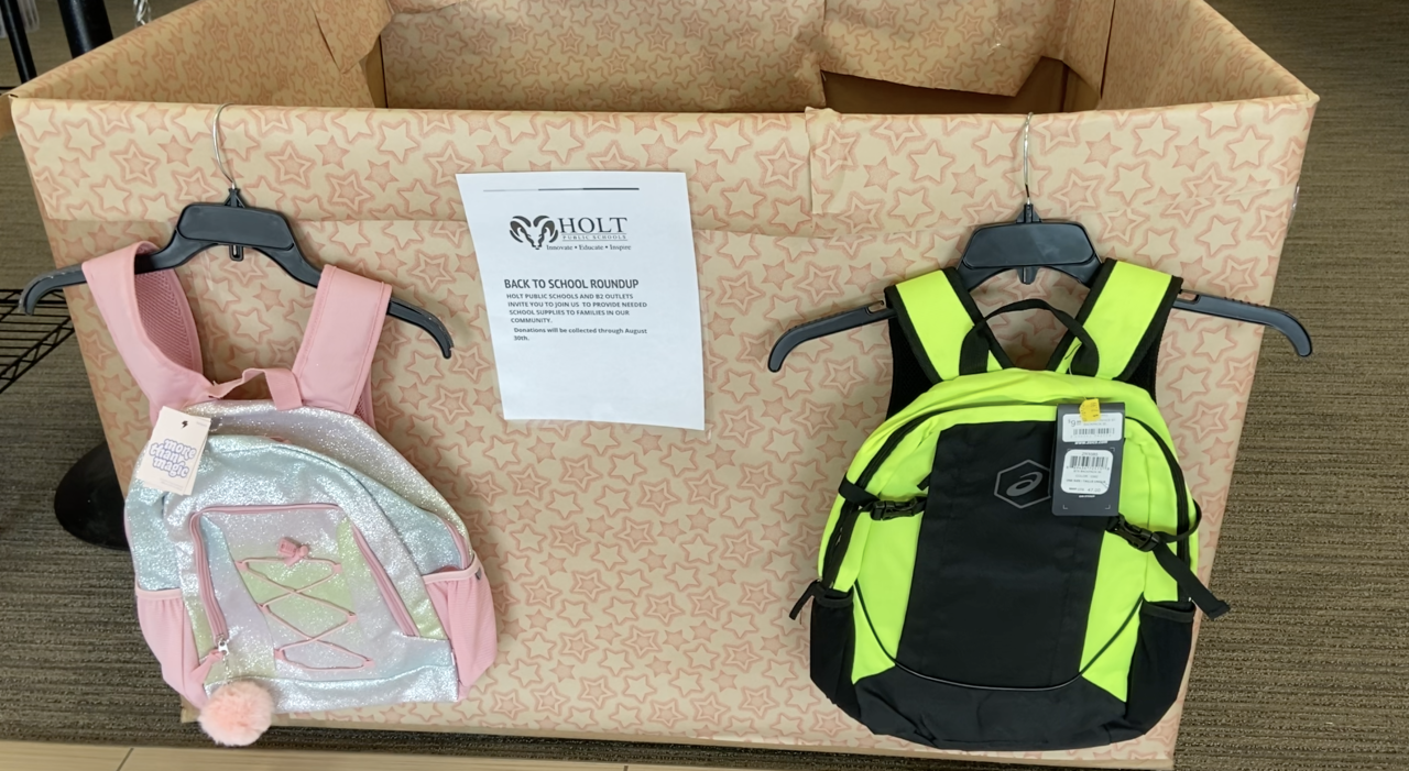 School supply drop box inside of B2 Outlet Stores in Lansing
