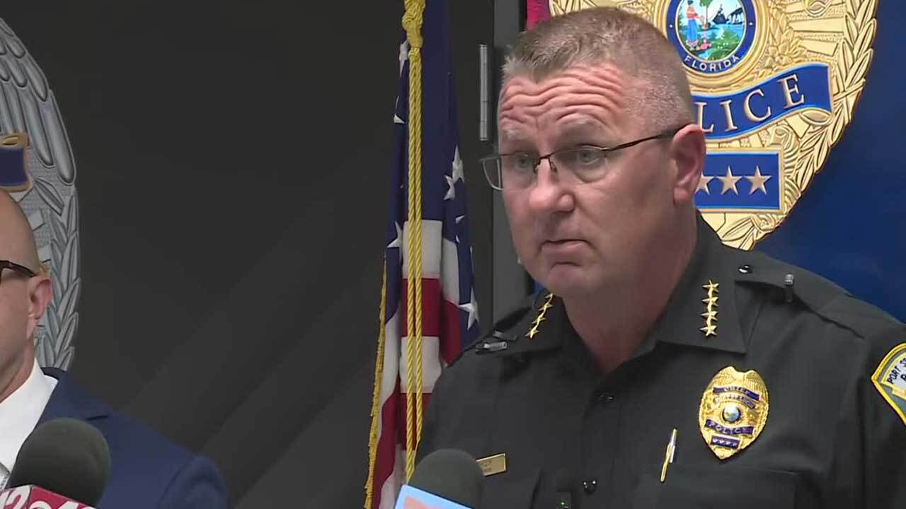Port St. Lucie Police Chief Leo Niemczyk holds a news conference on July 20, 2026, regarding a shooting that claimed the lives of two men.