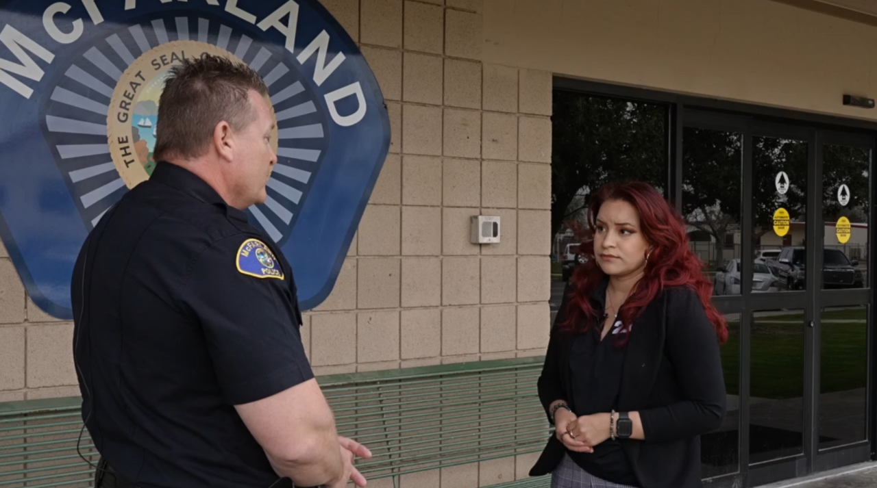 Neighborhood News Reporter Ruby Rivera interviewing McFarland Police Chief Brian Knox