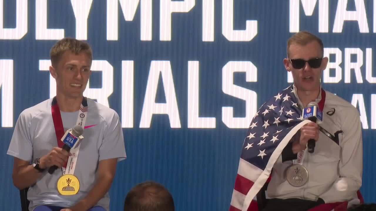 Training partners and good friends finished 1-2 to qualify for Paris: Conner Mantz (left) and Clayton Young. Feb. 3, 2024