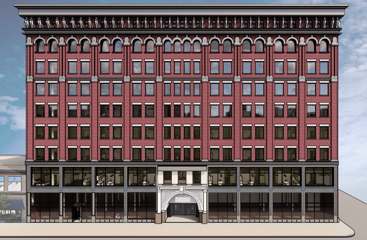 A rendering shows the restored exterior of the Electric Building.