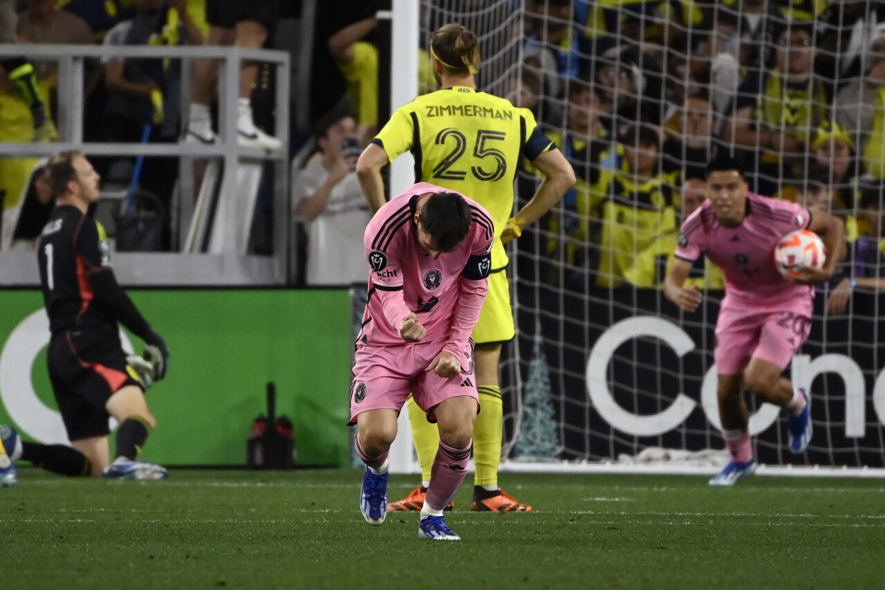 Inter Miami forward Lionel Messi pumps his fist after scoring against Nashville SC during second half, March 7, 2024