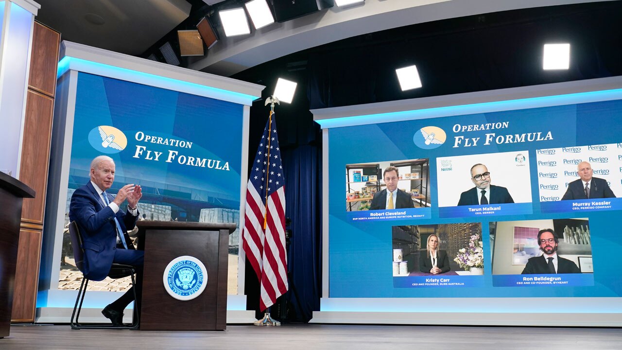 President Joe Biden meets virtually with infant formula manufacturers from the South Court Auditorium on the White House complex in Washington, Wednesday, June 1, 2022.