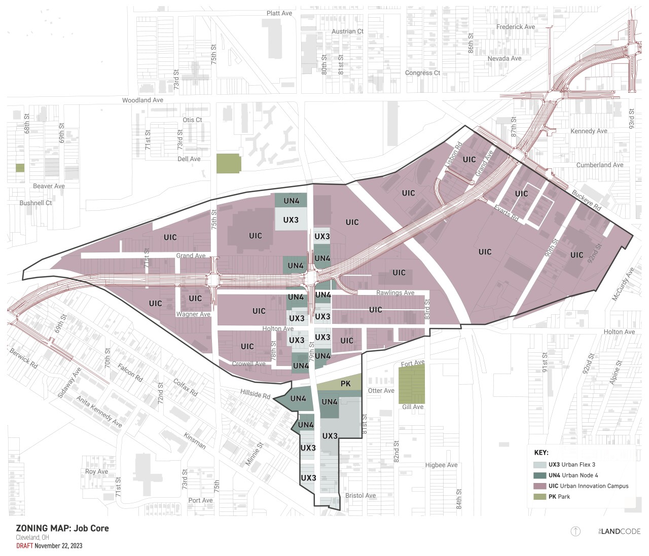 A map shows an area along the Opportunity Corridor where the city plans to apply its new form-based code.