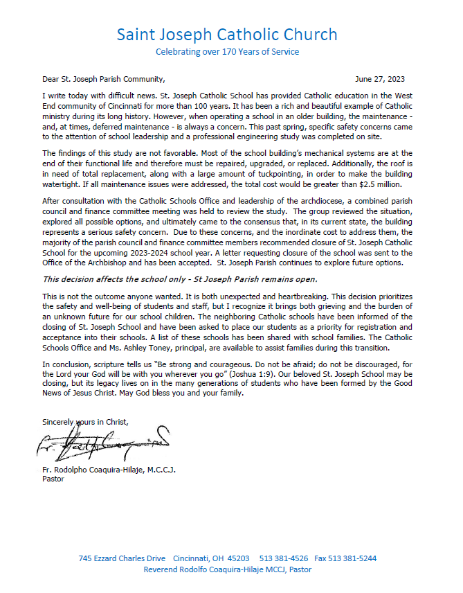 Letter to St. Joseph parishioners
