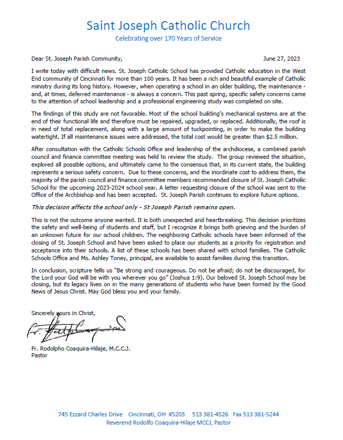 Letter to St. Joseph parishioners 