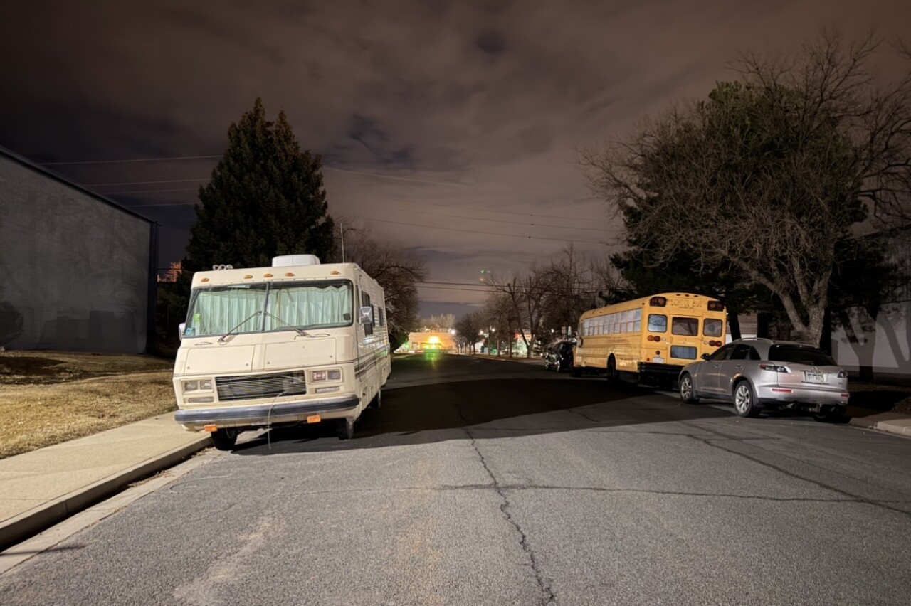 RV and a school bus parked on Burbank Street in Broomfield. 