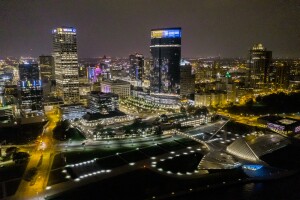 Downtown Milwaukee lit blue and yellow for Ukraine