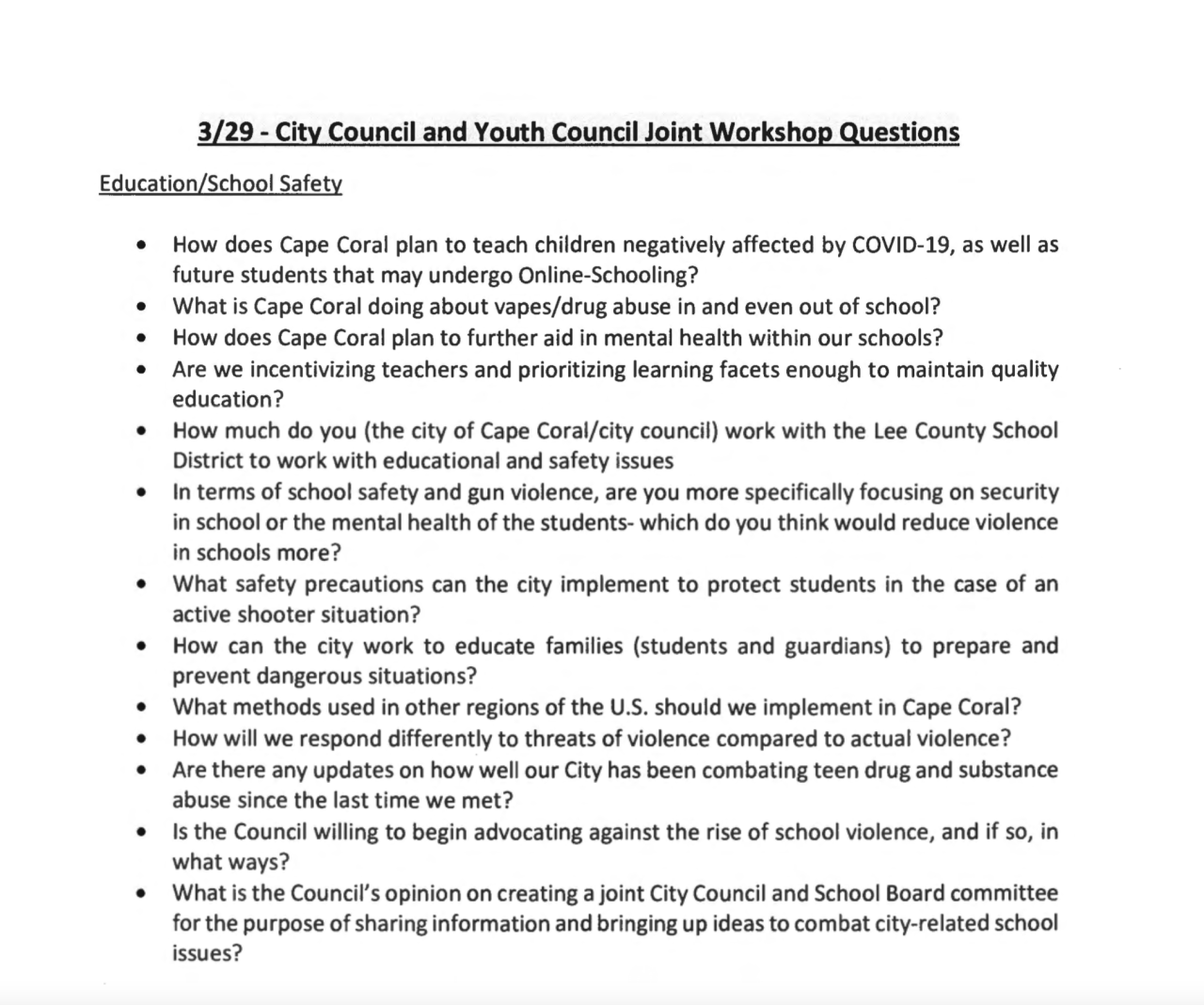 Cape Coral Youth Council Questions - School Safety