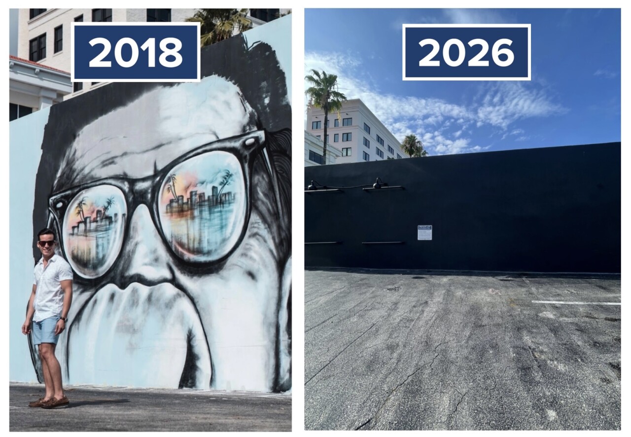 WPB Camelot mural then and now