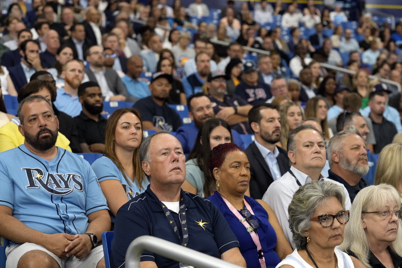 Tampa Bay Rays fans sit inside Tropicana Field for news conference about new ballpark, Sept. 19, 2023