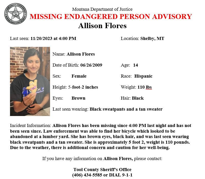 Missing/Endangered Person Advisory for 14-year old Allison Flores of Shelby