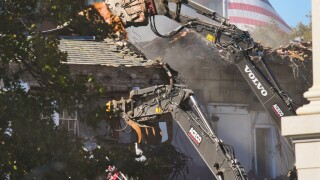 Work continues on the demolition of a part of the East Wing of the White House, Tuesday, Oct. 21, 2025, in Washington, before construction of a new ballroom.