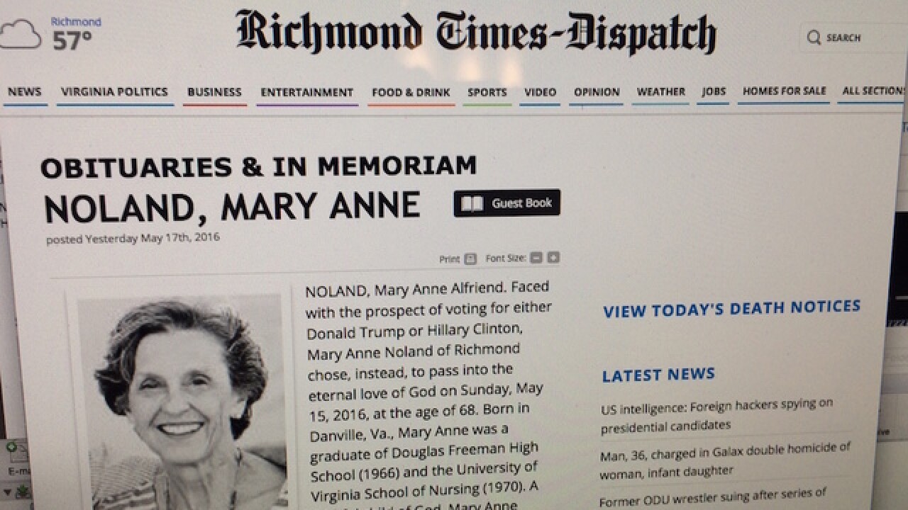 Obit: Woman chose death over Trump, Clinton vote