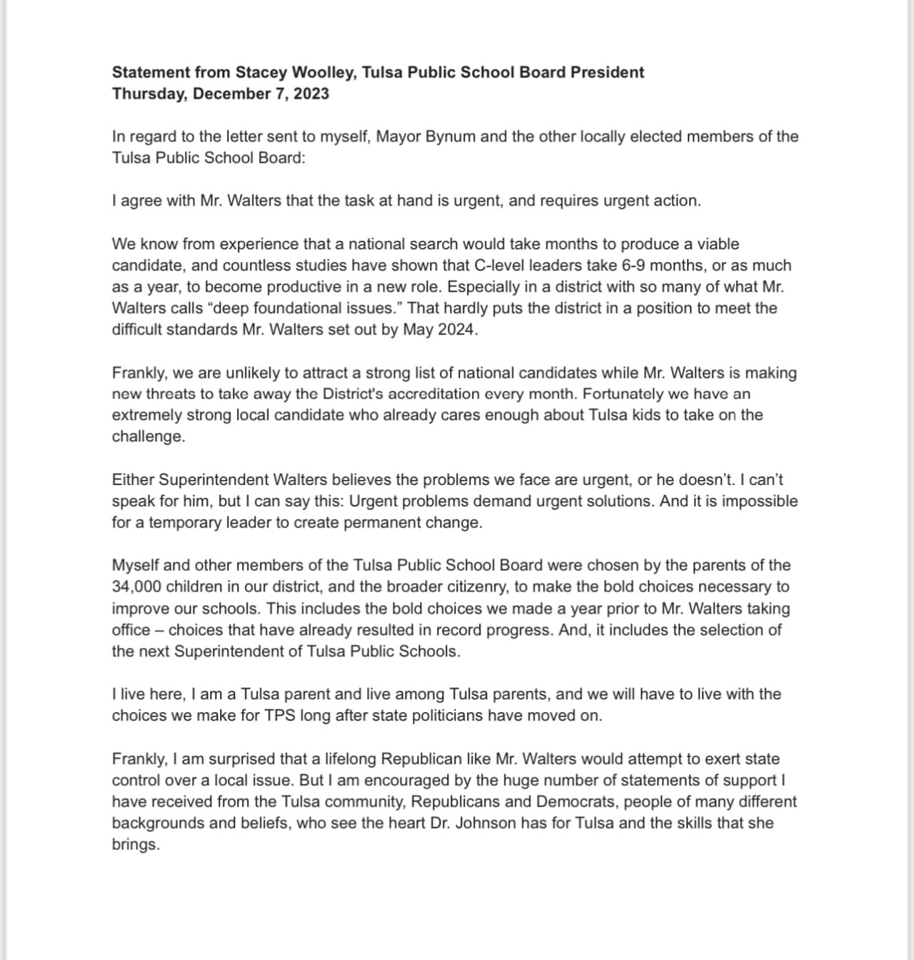 Stacey Woolley statement