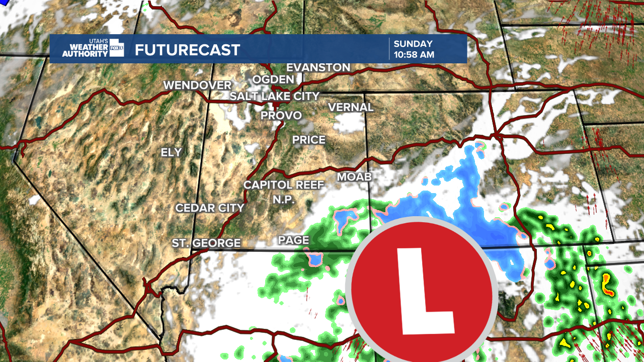 Graphics from the FOX 13 Weather Center showing the low pressure front moving into Utah from the Four Corners area.