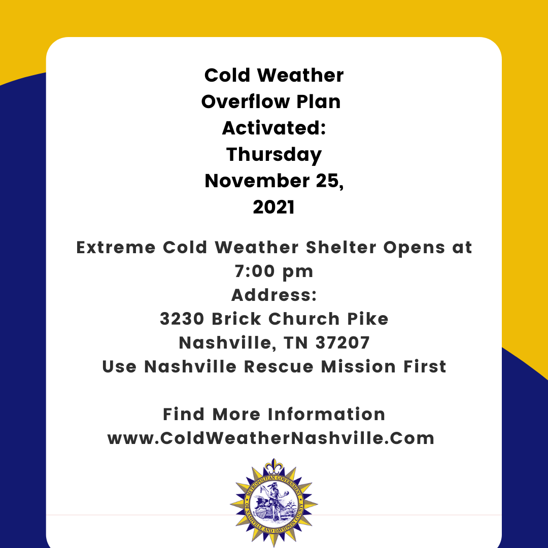 Metro Nashville Extreme Cold Weather Overflow Shelter Thanksgiving 2021 112521