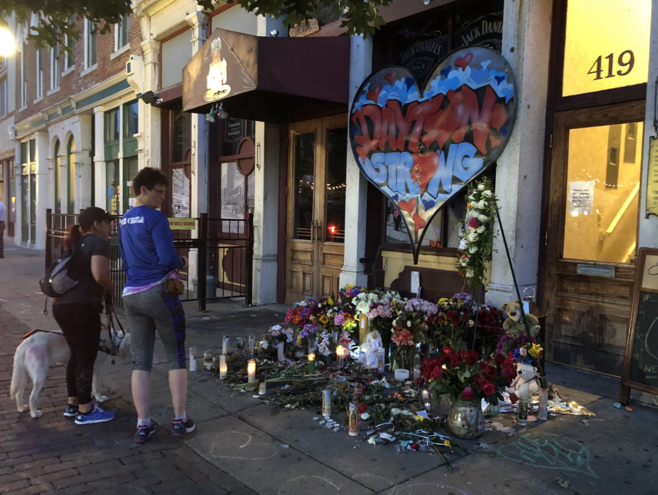 A temporary memorial was erected in Dayton's Oregon District, where a mass shooter killed nine people and hurt dozens on Aug. 4, 2019.