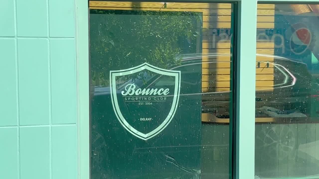 Bounce Sporting Club logo on window of Delray Beach location day before soft opening, March 15, 2024