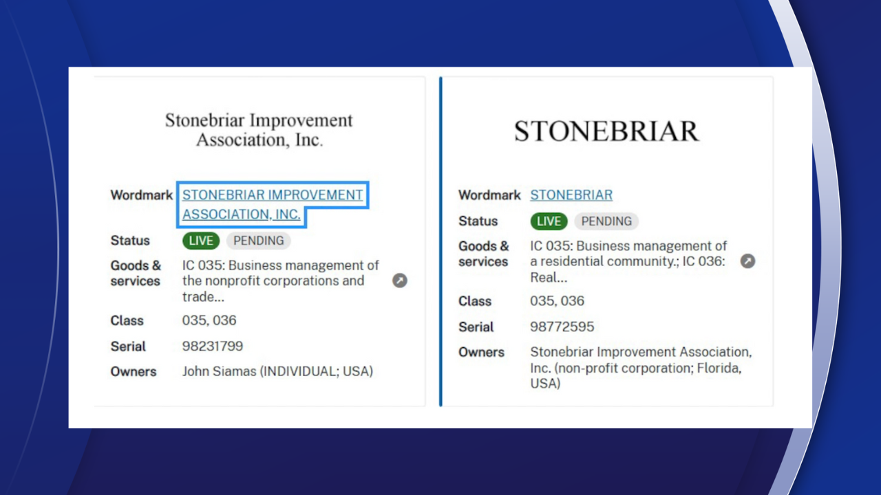 John Siamas and the Stonebriar Improvement Association, Inc. have both sought to trademark the HOA name