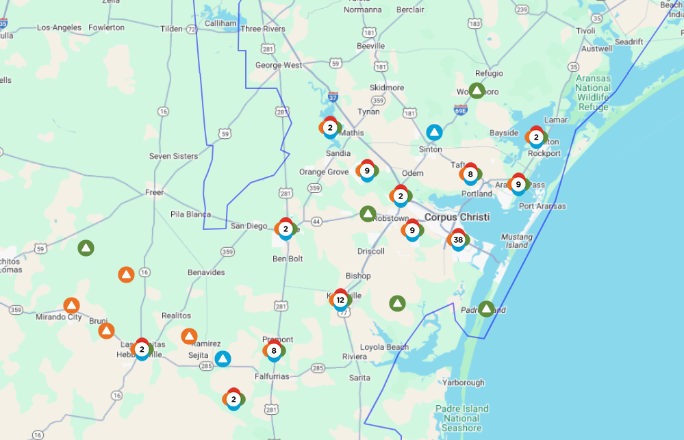 AEP Texas Coastal Bend power outages map Jan. 21
