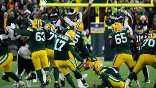 Green Bay Packers placekicker Brandon McManus (17) misses a field goal attempt against the Philadelphia Eagles during the second half of an NFL football game Monday, Nov. 10, 2025, in Green Bay.