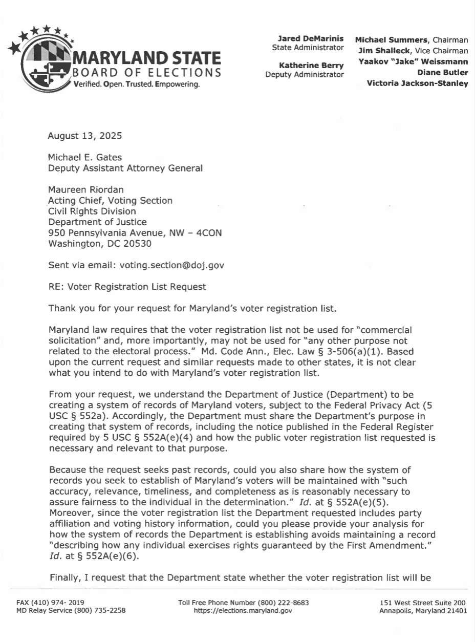 Board of Elections response to DOJ