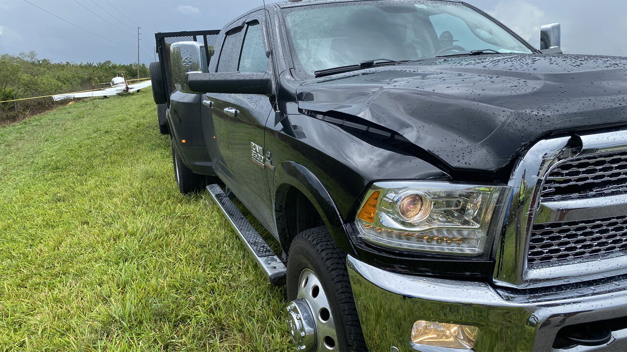 A landscaping truck hit a small plane