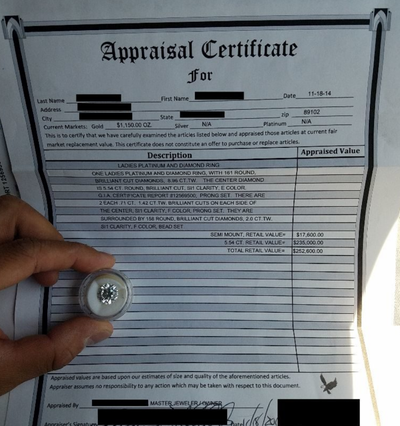 Diamond certificate