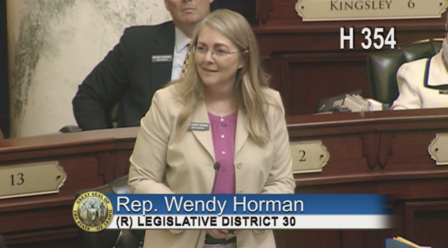Rep. Wendy Horman speaks in front of Idaho House