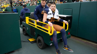 Green Bay Packers tight end Tucker Kraft (85) leaves the field on a cart after an injury during the second half of an NFL football game against the Carolina Panthers, Sunday, Nov. 2, 2025, in Green Bay, Wis.