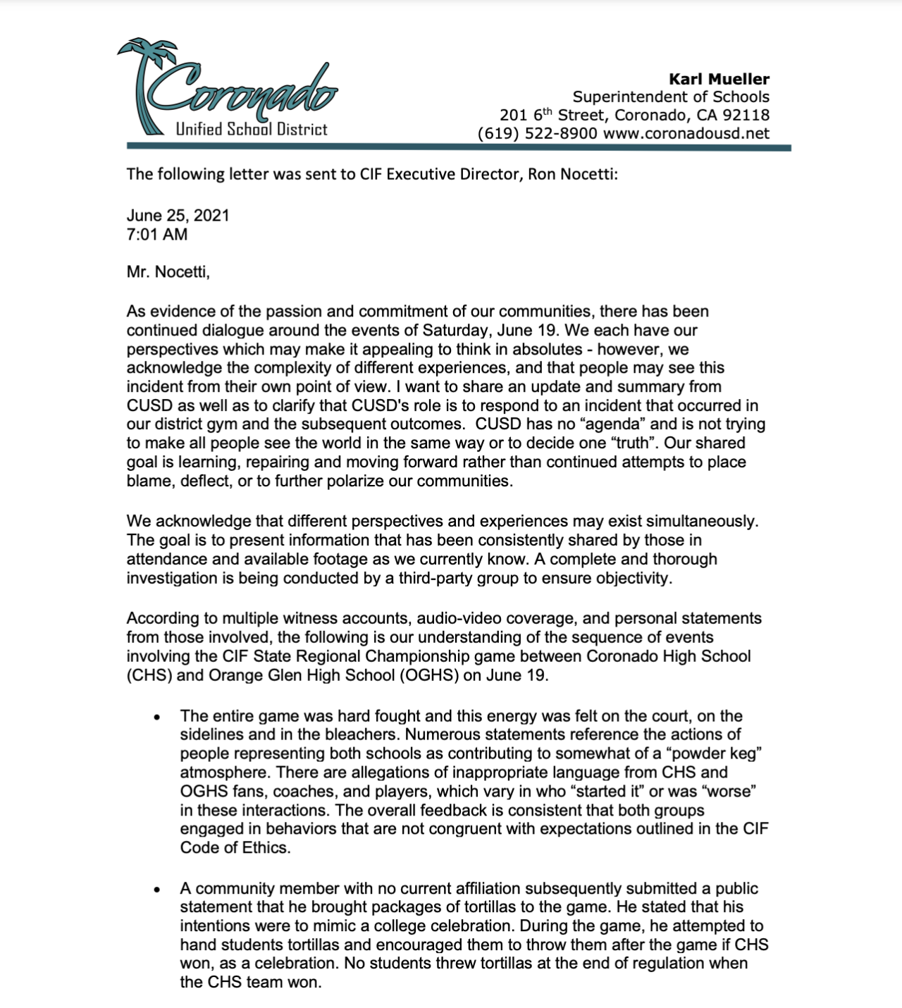 CUSD Superintendent Letter