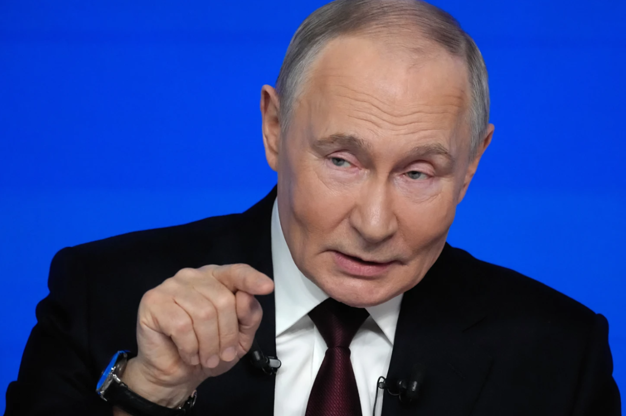 Russian President Vladimir Putin gestures while speaking during his annual news conference and call-in show at Gostinny Dvor, in Moscow, on Friday, Dec. 19, 2025.