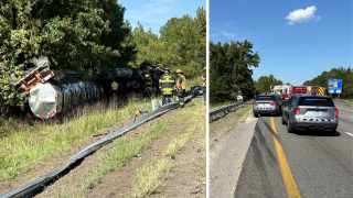 I-95 North shut down in Hanover after tanker truck overturns, spills fuel
