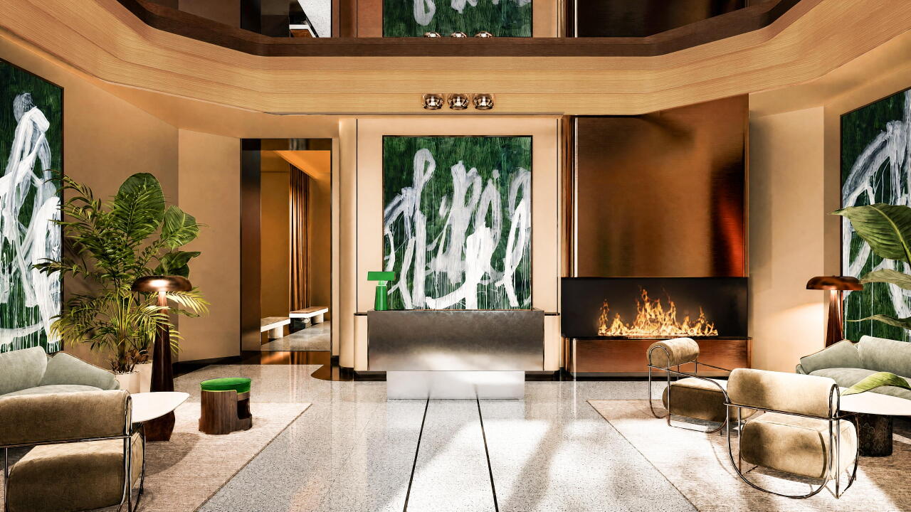 A rendering shows the planned residential lobby for the W-branded apartments at Erieview Tower. The project will include 215 units on the 17th through 28th floors.